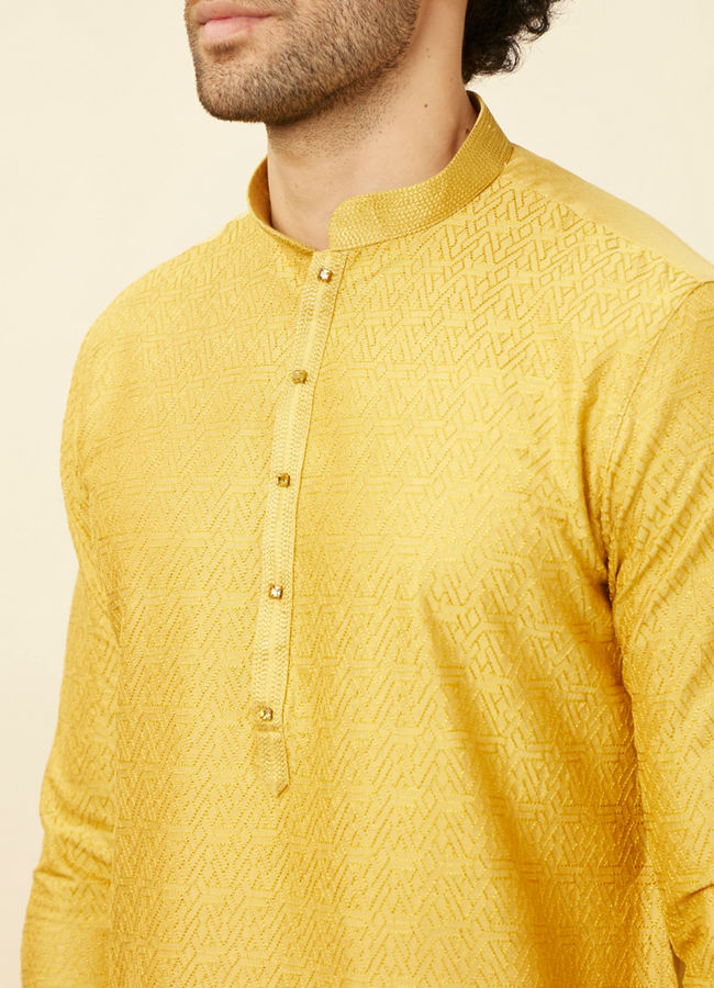 alt message - Manyavar Men Sunrise Yellow Hexagonal Mesh Printed Kurta Set image number 1