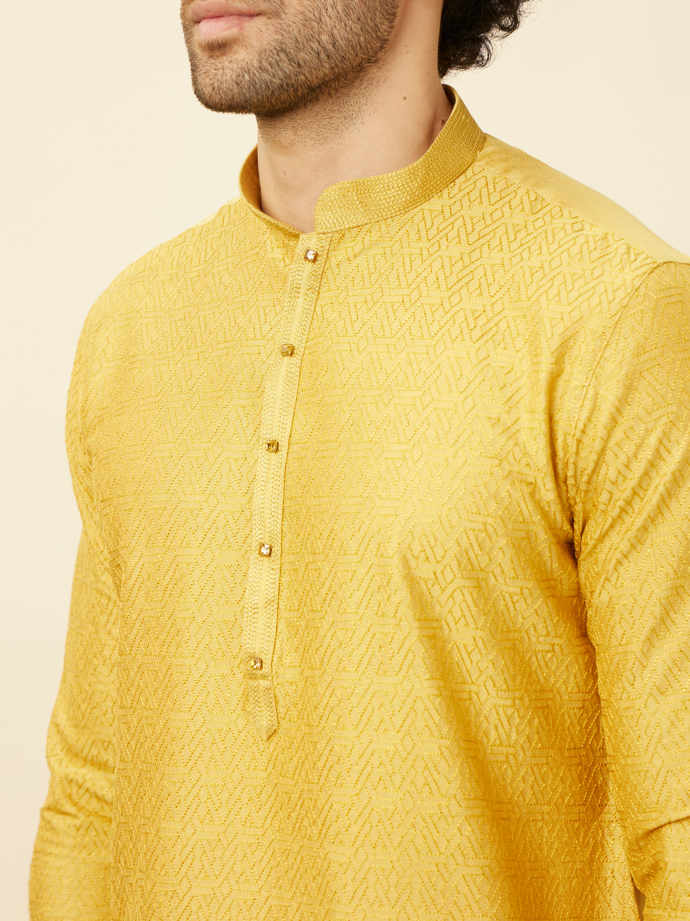 Manyavar Men Sunrise Yellow Hexagonal Mesh Printed Kurta Set