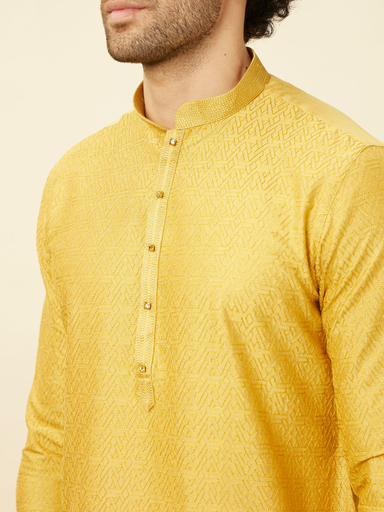 alt message - Manyavar Men Sunrise Yellow Hexagonal Mesh Printed Kurta Set image number 1