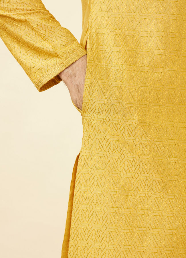 Manyavar Men Sunrise Yellow Hexagonal Mesh Printed Kurta Set