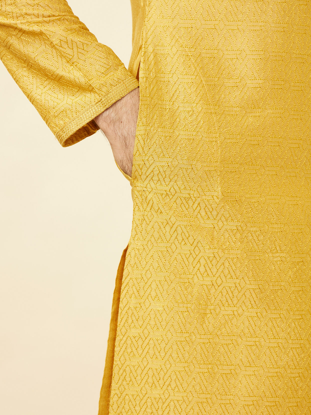 Manyavar Men Sunrise Yellow Hexagonal Mesh Printed Kurta Set