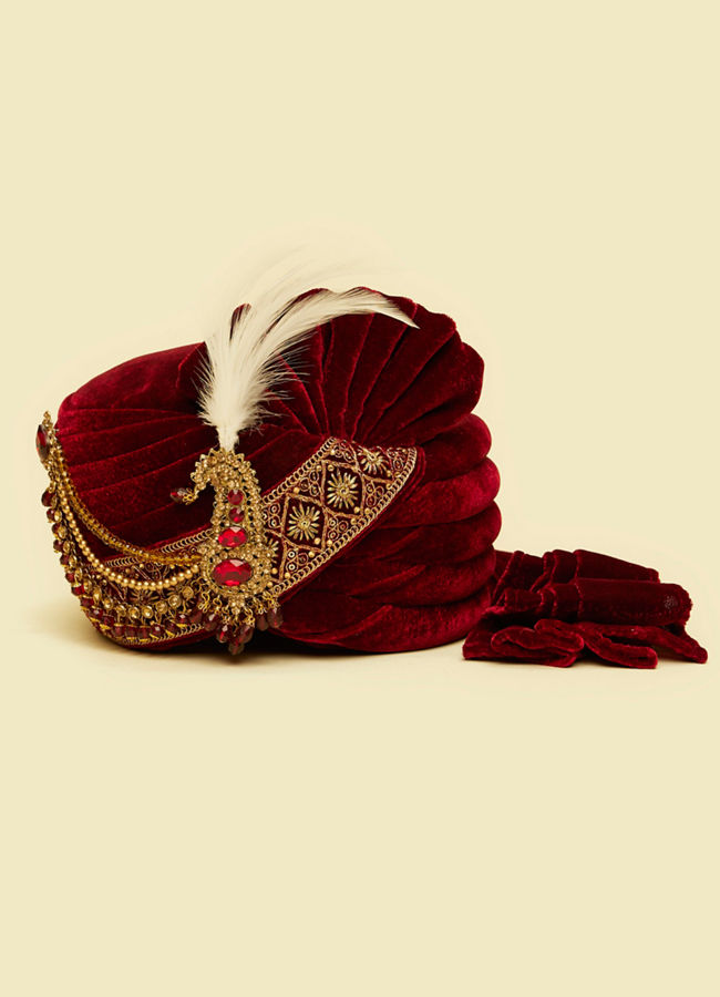 Manyavar Men Regal Maroon Velvet Safa