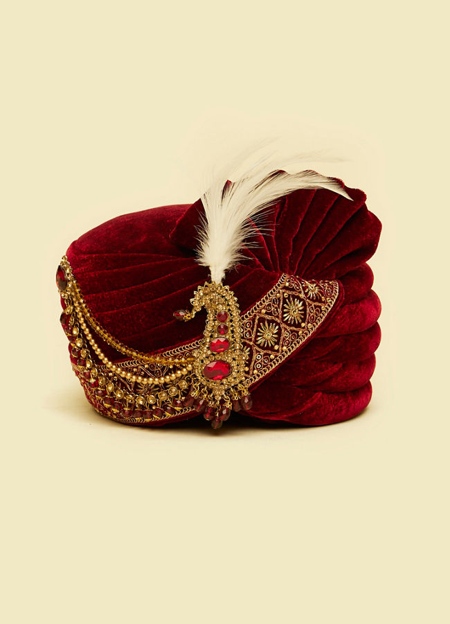 Manyavar Men Regal Maroon Velvet Safa