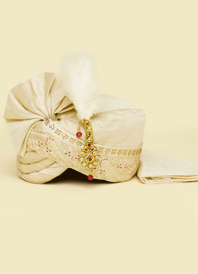 Manyavar Men Warm Cream Safa Embellished with Peacock Brooch