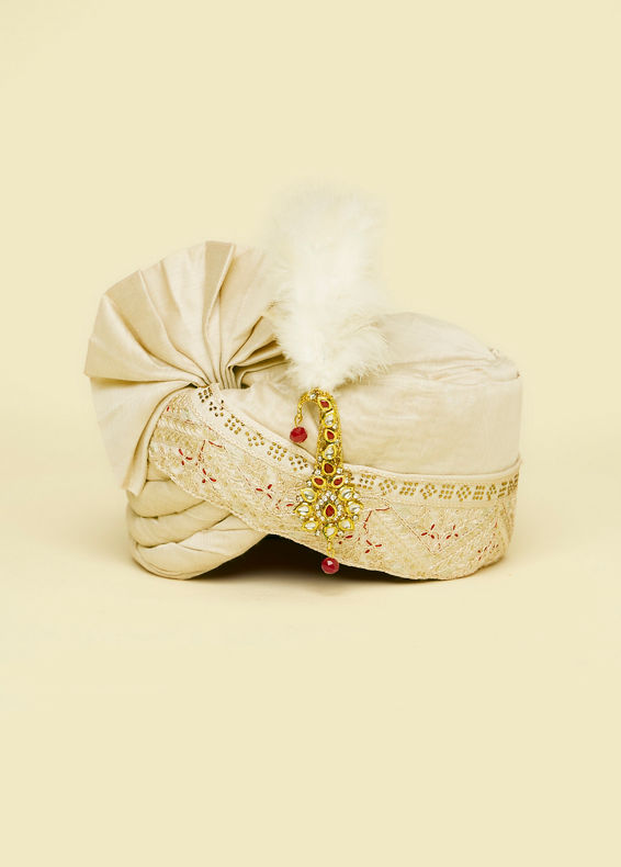 Manyavar Men Warm Cream Safa Embellished with Peacock Brooch