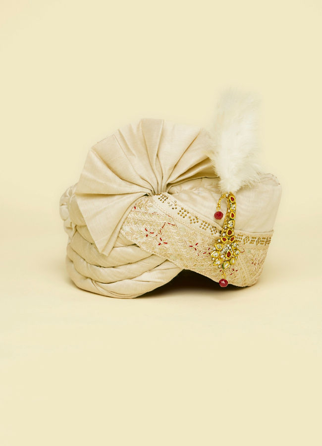 Manyavar Men Warm Cream Safa Embellished with Peacock Brooch