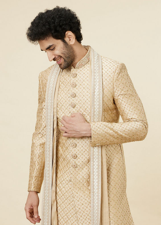 Manyavar Men Antique Gold Stone Work Sherwani Set