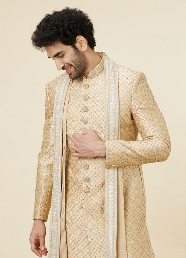 alt message - Manyavar Men Antique Gold Stone Work Sherwani Set image number 0