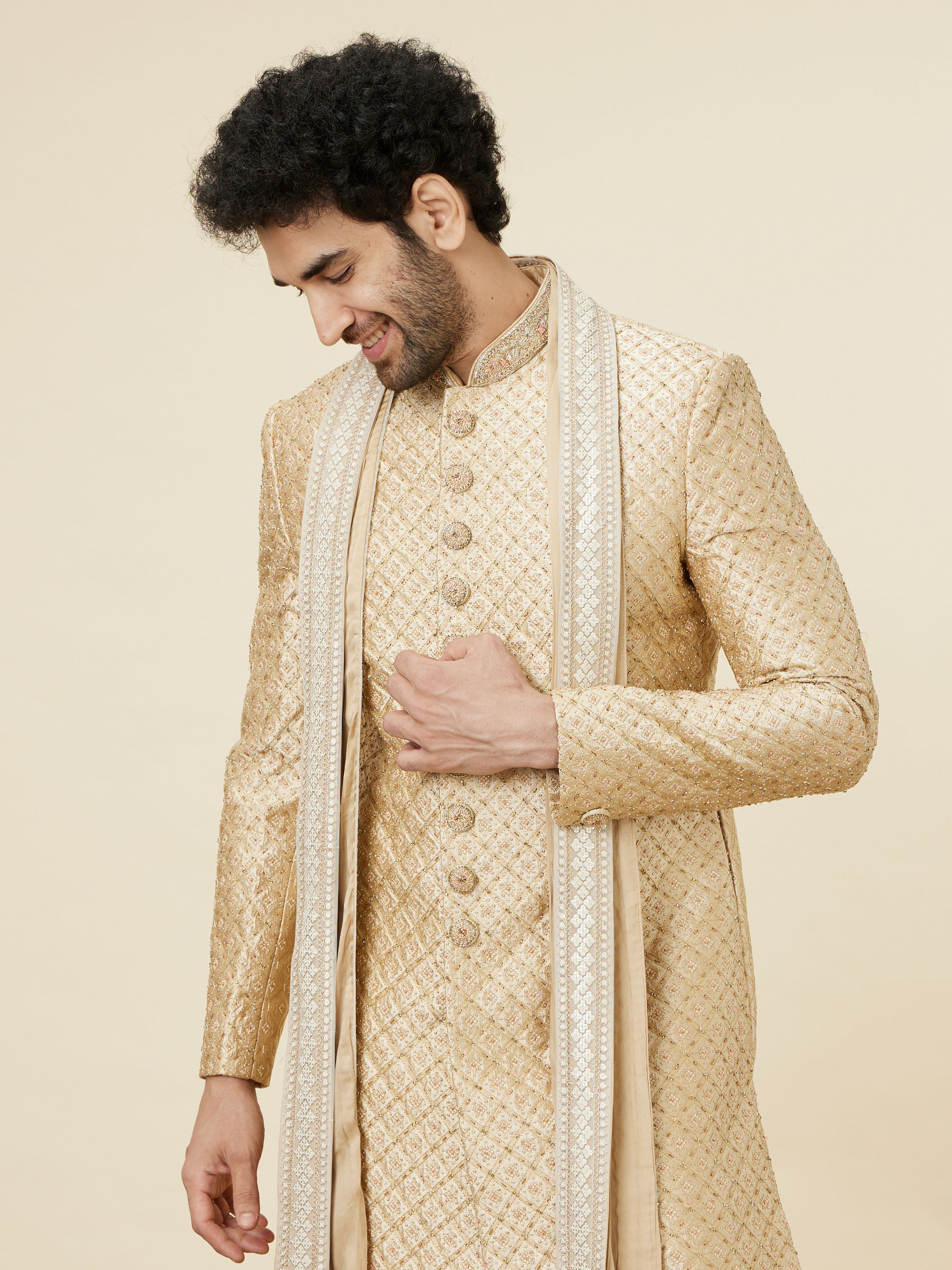 Manyavar Men Antique Gold Stone Work Sherwani Set