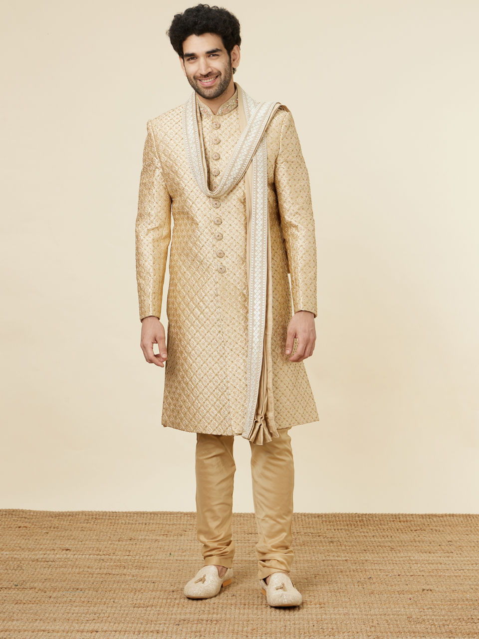 Manyavar Men Antique Gold Stone Work Sherwani Set