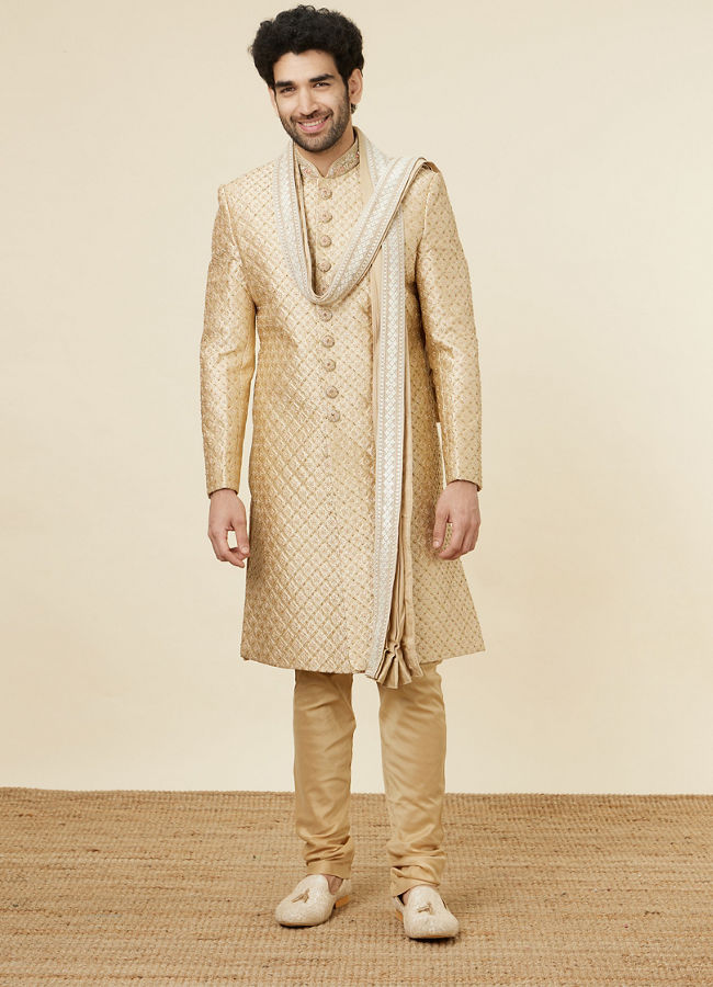Manyavar Men Antique Gold Stone Work Sherwani Set