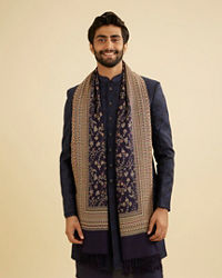 Manyavar Men Indigo Blue Floral Vine Patterned Shawl with Intricate Borders