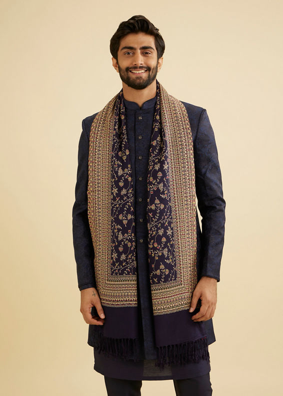 Manyavar Men Indigo Blue Floral Vine Patterned Shawl with Intricate Borders