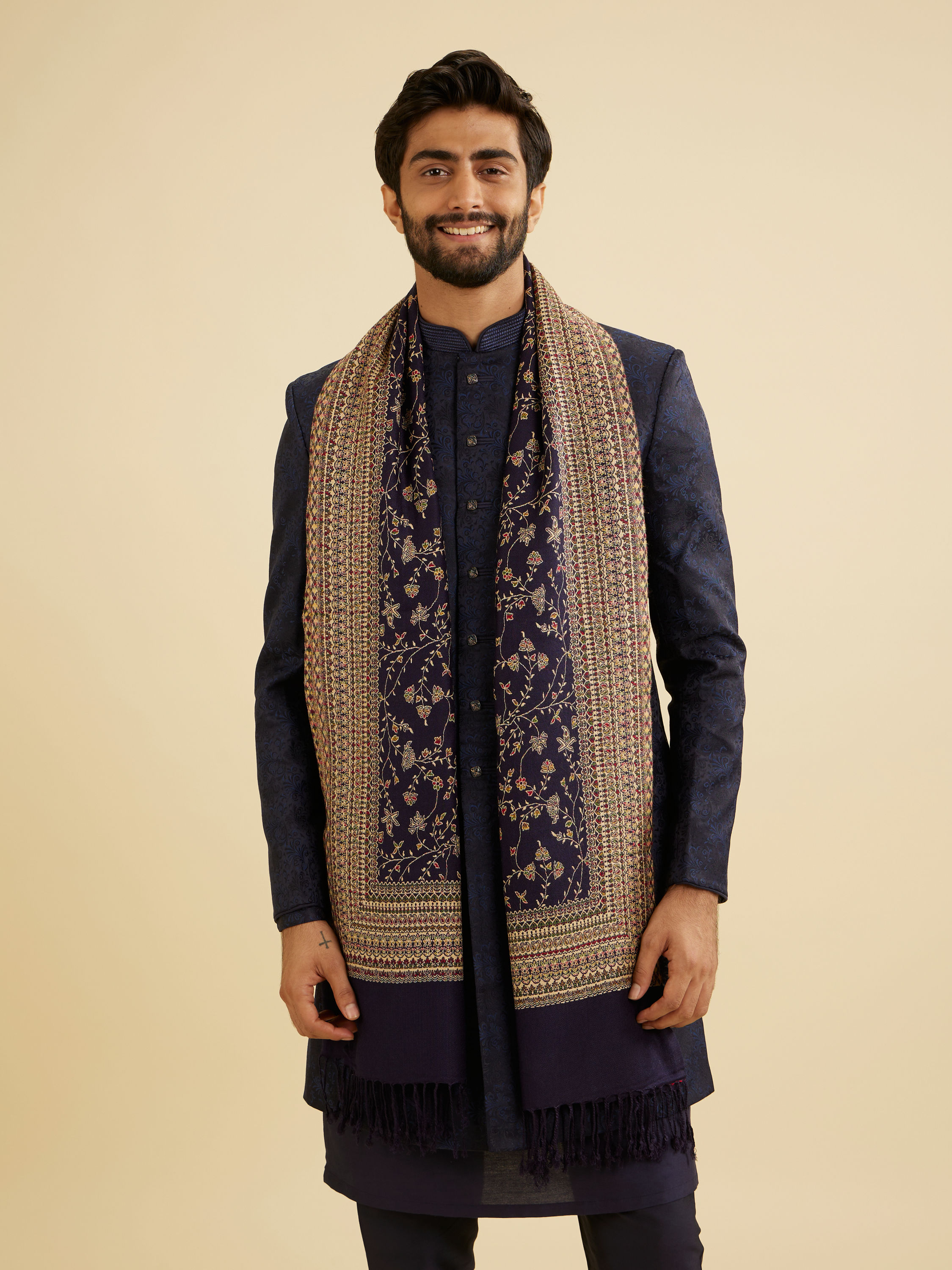 Manyavar Men Indigo Blue Floral Vine Patterned Shawl with Intricate Borders