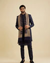Manyavar Men Indigo Blue Floral Vine Patterned Shawl with Intricate Borders