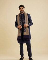 Manyavar Men Indigo Blue Floral Vine Patterned Shawl with Intricate Borders