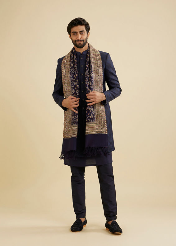 Manyavar Men Indigo Blue Floral Vine Patterned Shawl with Intricate Borders