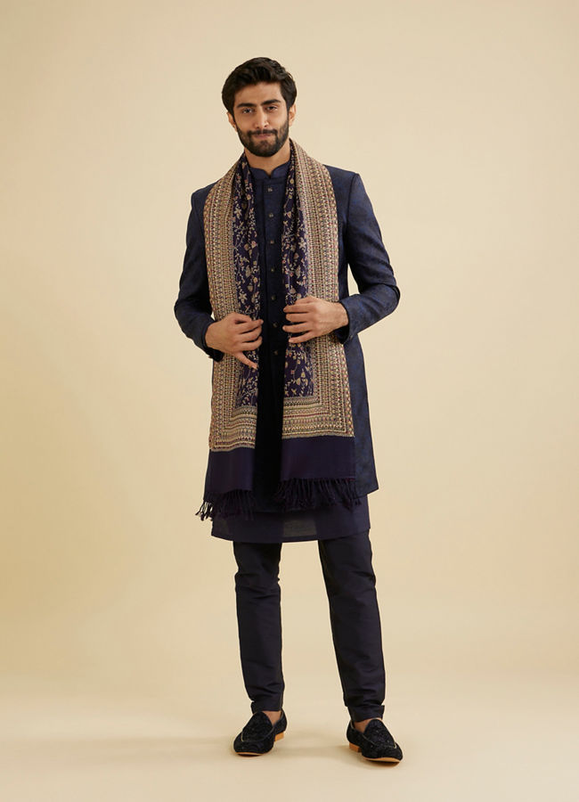 Manyavar Men Indigo Blue Floral Vine Patterned Shawl with Intricate Borders
