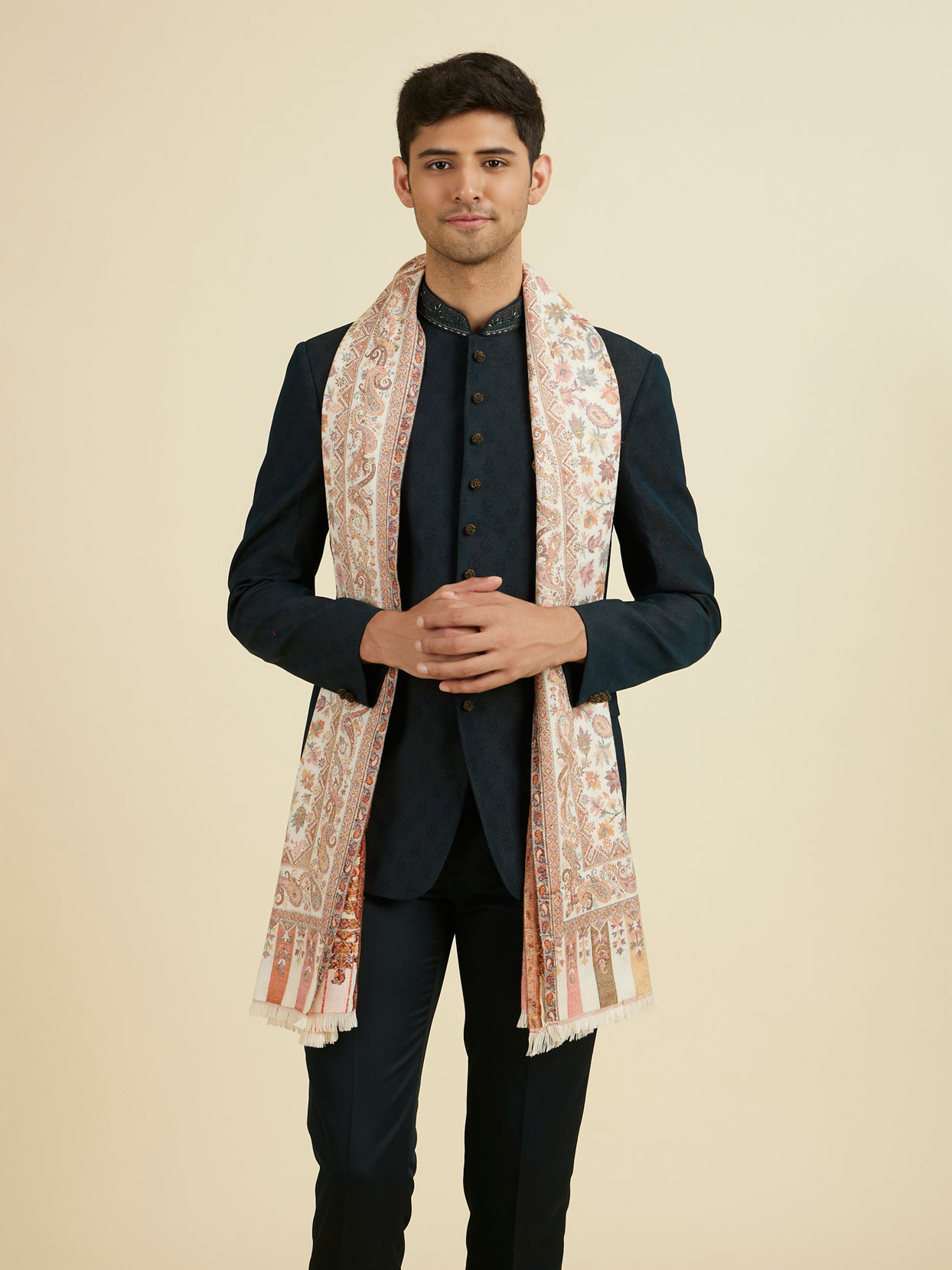 Manyavar Men Artfully Woven Viscose Shawl in Cream and Multi-Colored Design