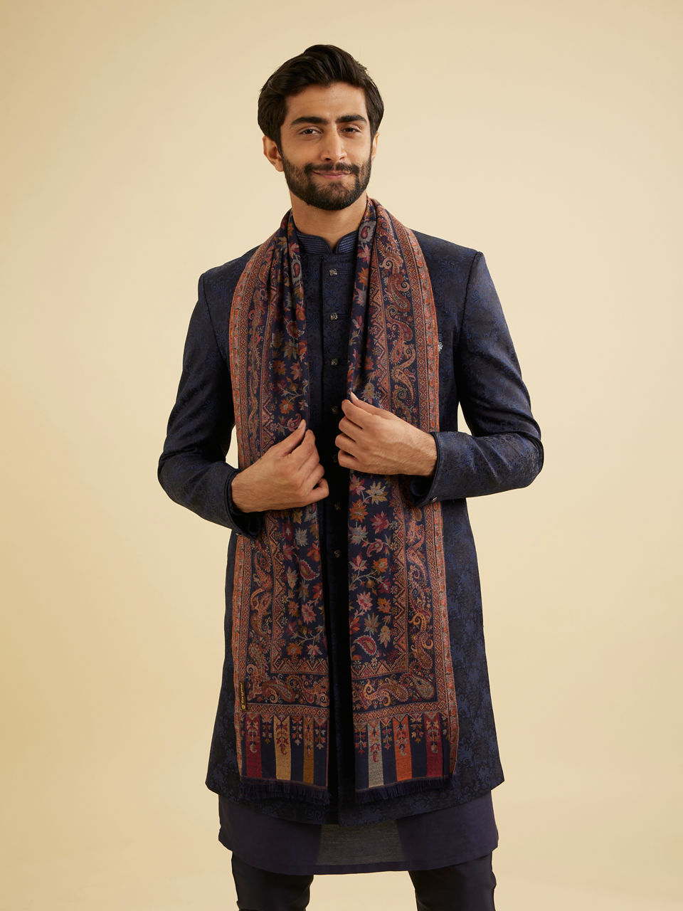 Manyavar Men Navy Blue Floral Vine Patterned Shawl with Paisley And Maple Leaf Motifs