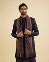 Manyavar Men Navy Blue Floral Vine Patterned Shawl with Paisley And Maple Leaf Motifs