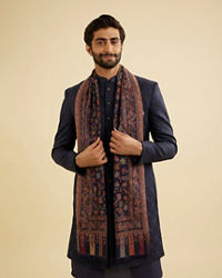 Manyavar Men Navy Blue Floral Vine Patterned Shawl with Paisley and Maple Leaf Motifs