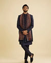 Manyavar Men Navy Blue Floral Vine Patterned Shawl with Paisley And Maple Leaf Motifs