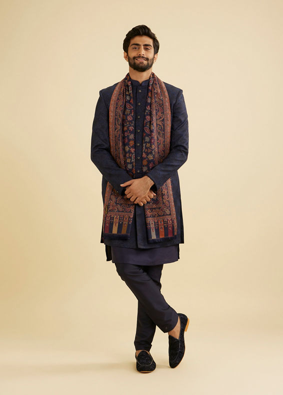 Manyavar Men Navy Blue Floral Vine Patterned Shawl with Paisley And Maple Leaf Motifs