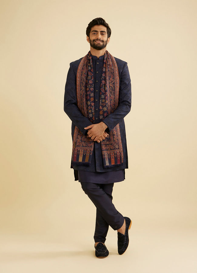 Manyavar Men Navy Blue Floral Vine Patterned Shawl with Paisley And Maple Leaf Motifs