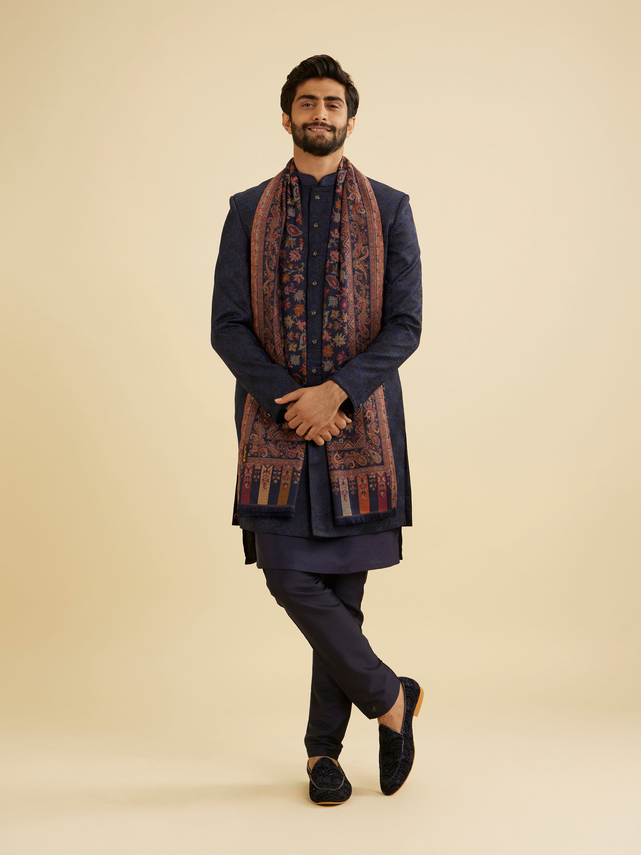 Manyavar Men Navy Blue Floral Vine Patterned Shawl with Paisley and Maple Leaf Motifs