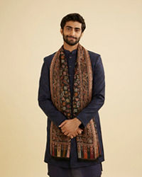 Manyavar Men Ebony Black Floral Vine Patterned Shawl with Paisley