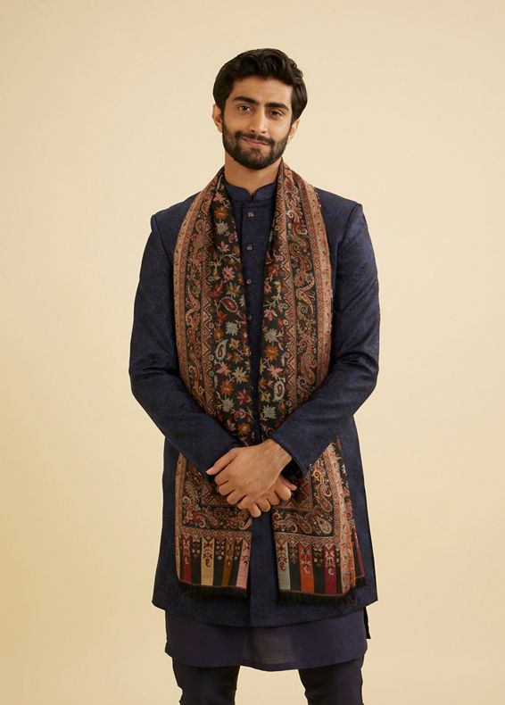 Manyavar Men Ebony Black Floral Vine Patterned Shawl with Paisley