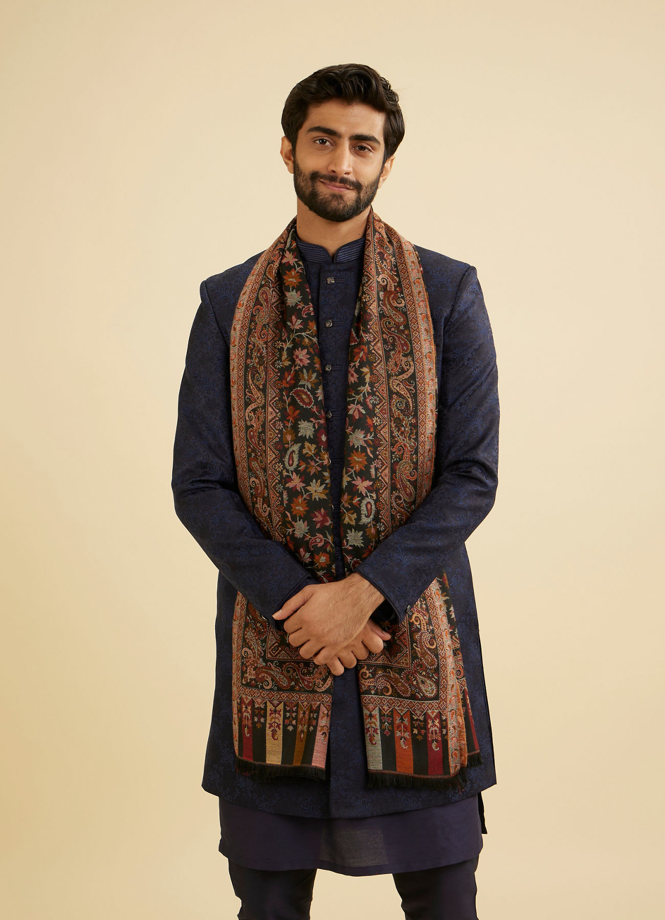 Manyavar Men Ebony Black Floral Vine Patterned Shawl with Paisley