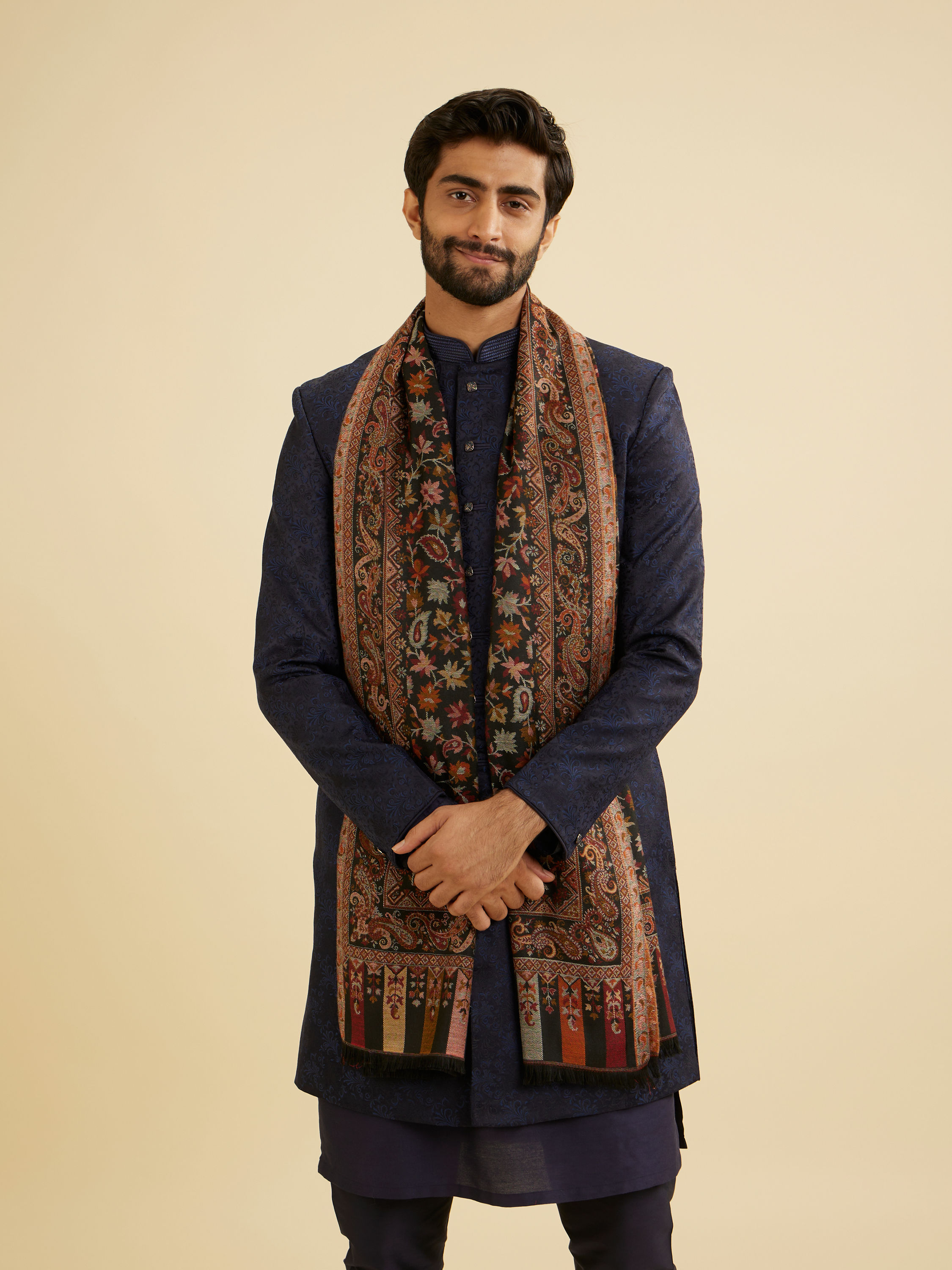 Manyavar Men Ebony Black Floral Vine Patterned Shawl with Paisley