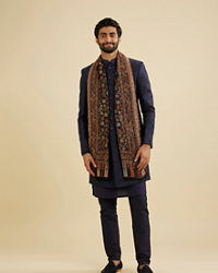 Manyavar Men Ebony Black Floral Vine Patterned Shawl with Paisley