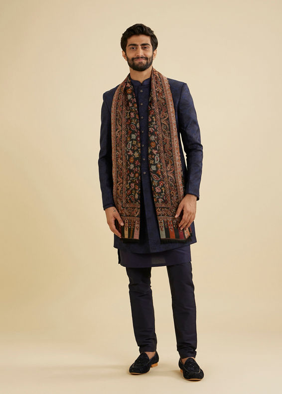 Manyavar Men Ebony Black Floral Vine Patterned Shawl with Paisley And Maple Leaf Motifs