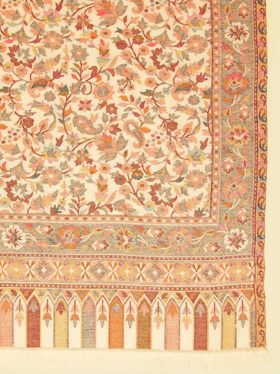 Manyavar Men Cream White Floral Vine Patterned Shawl with Paisley Motifs