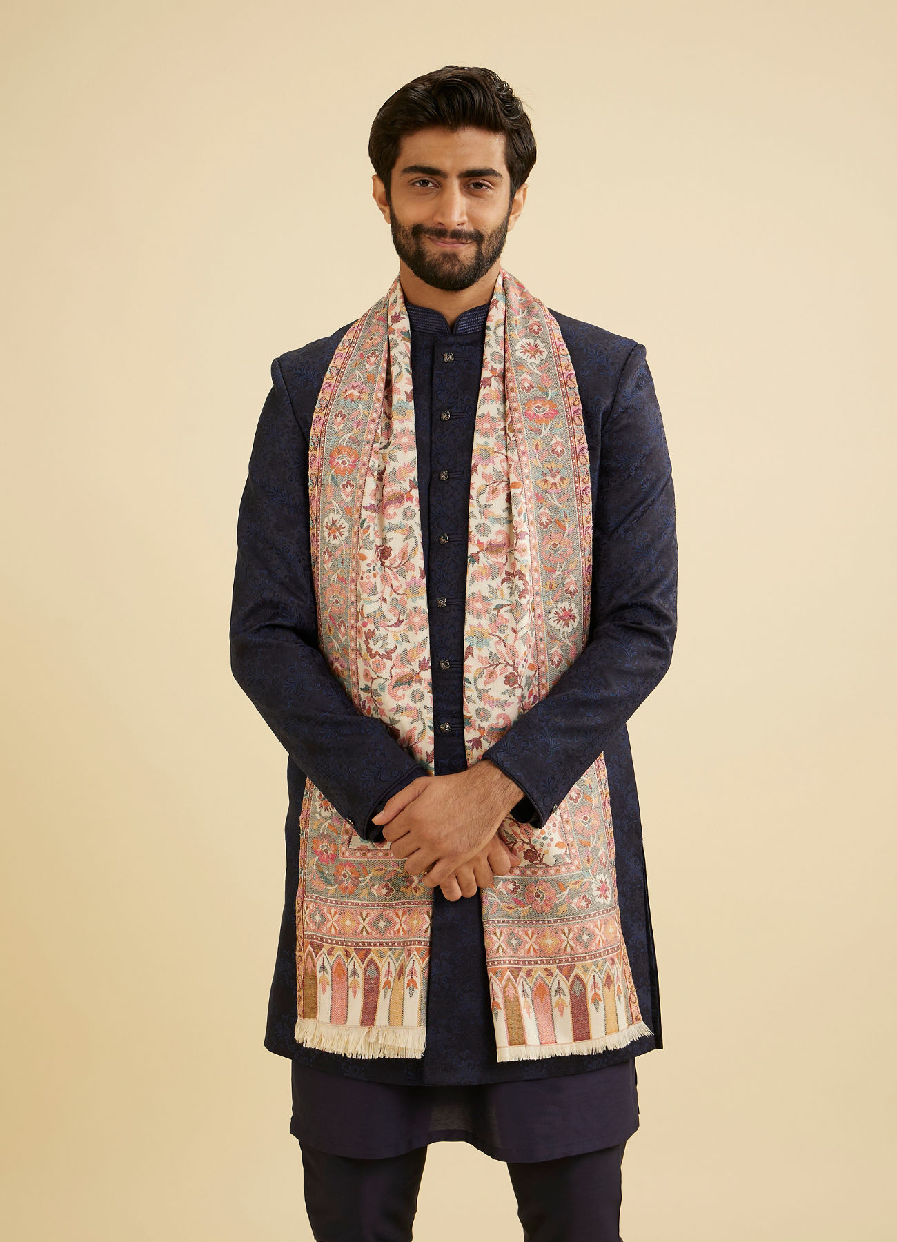 Manyavar Men Cream White Floral Vine Patterned Shawl with Paisley Motifs