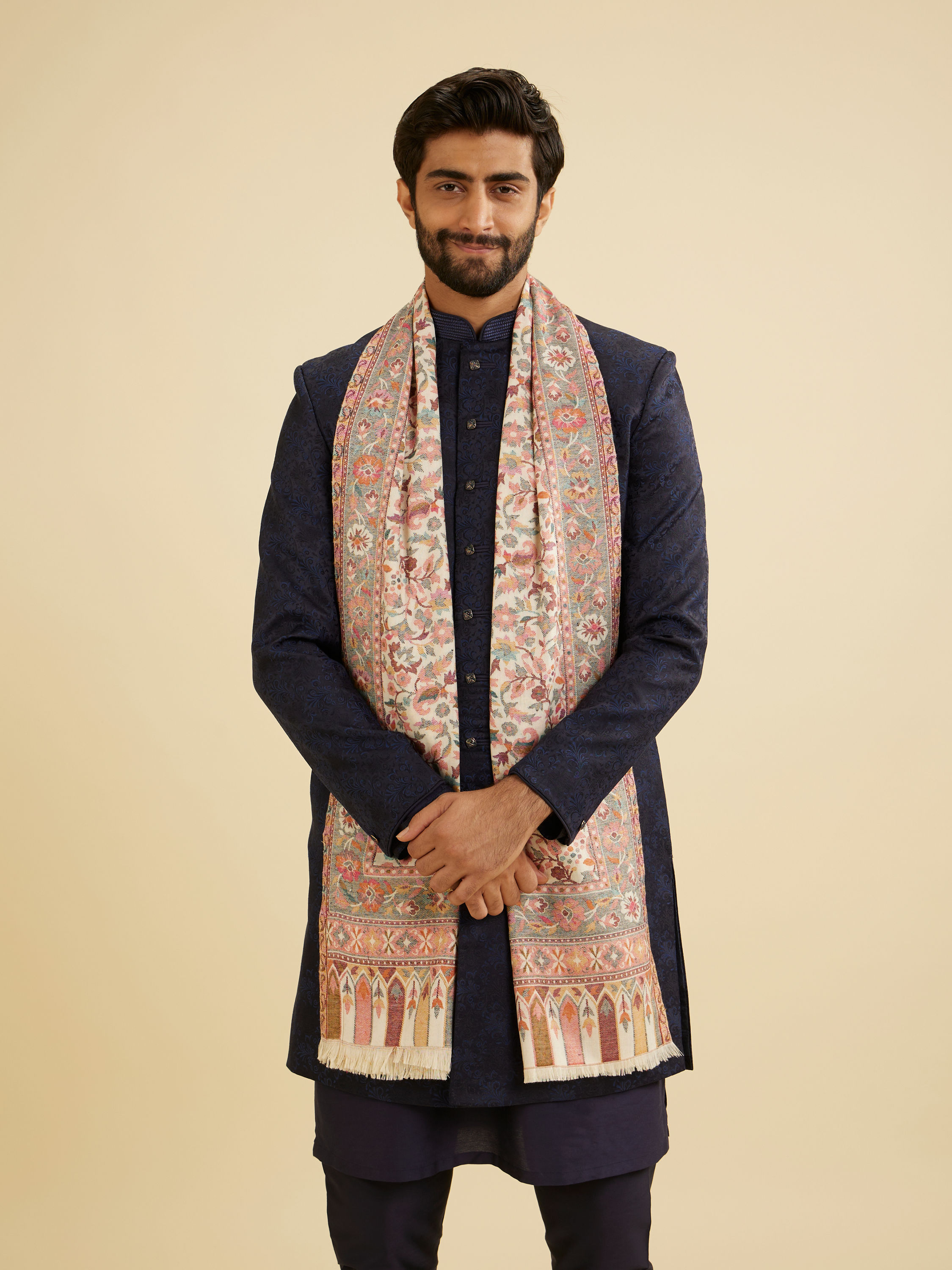 Manyavar Men Cream White Floral Vine Patterned Shawl with Paisley Motifs