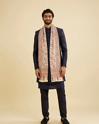 Manyavar Men Cream White Floral Vine Patterned Shawl with Paisley Motifs