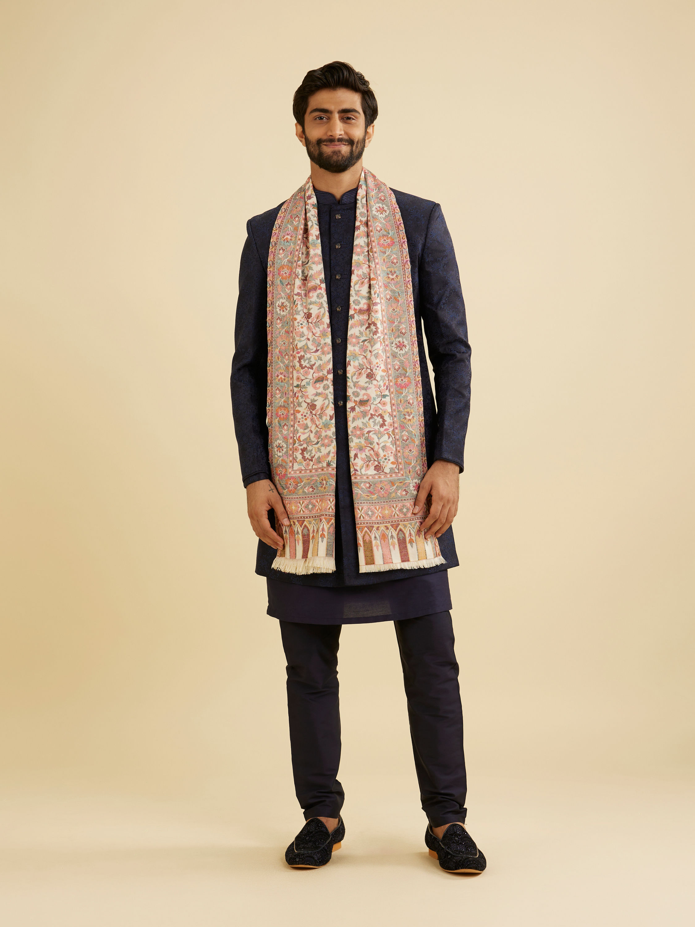 Manyavar Men Cream White Floral Vine Patterned Shawl with Paisley Motifs