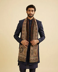 Manyavar Men Ebony Black Floral Jaal Patterned Shawl with Paisley And Floral Butas