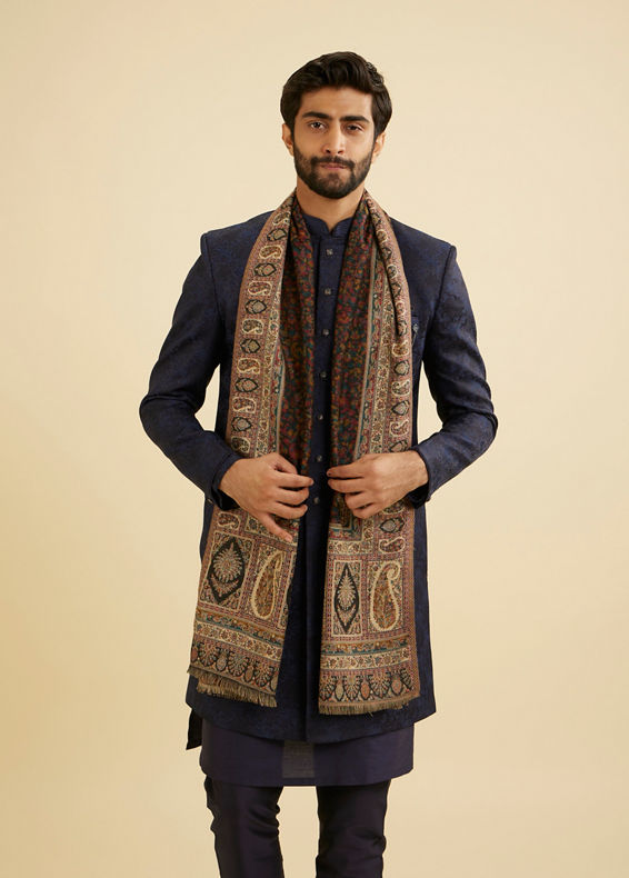 Manyavar Men Ebony Black Floral Jaal Patterned Shawl with Paisley