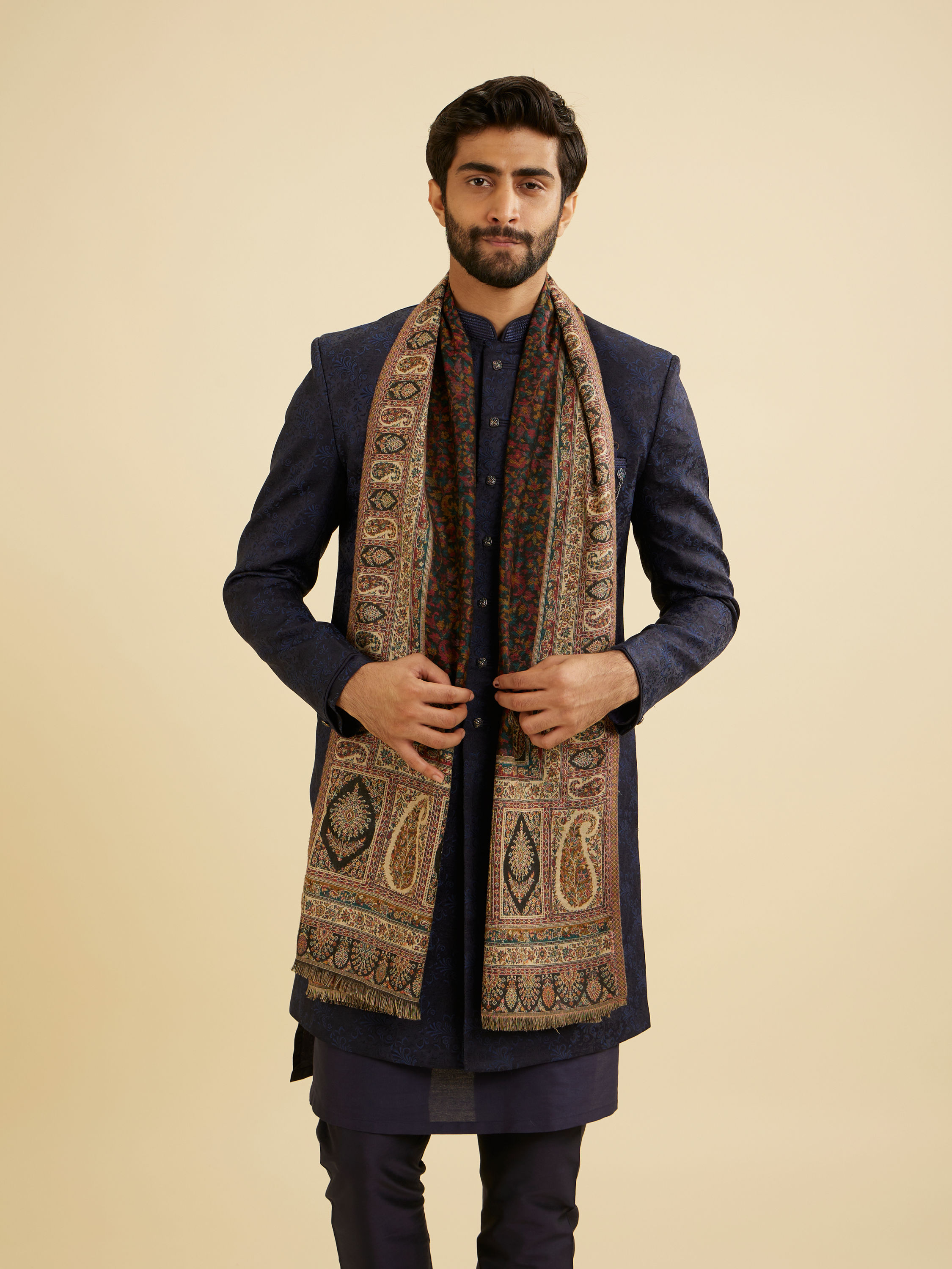 Manyavar Men Ebony Black Floral Jaal Patterned Shawl with Paisley