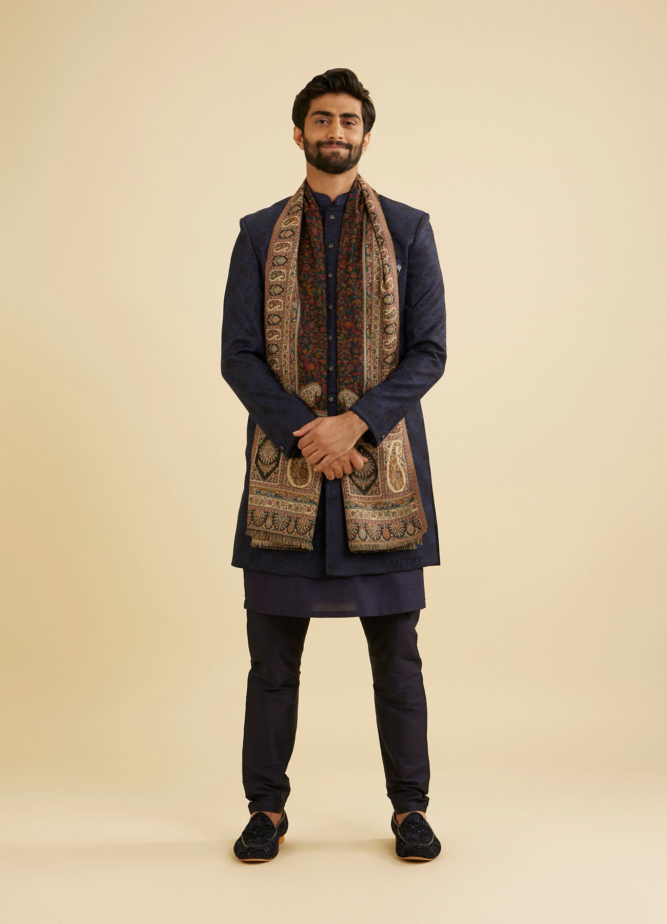 Manyavar Men Ebony Black Floral Jaal Patterned Shawl with Paisley