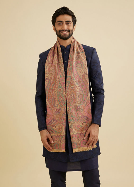 Manyavar Men Blush Pink Paisley Patterned Shawl with Floral Buta Motifs