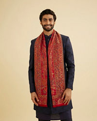 Manyavar Men Scarlet Red Paisley Patterned Shawl with Floral Buta Motifs