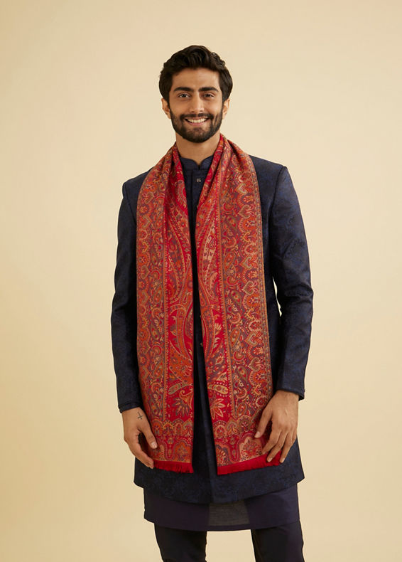 Manyavar Men Scarlet Red Paisley Patterned Shawl with Floral Buta Motifs