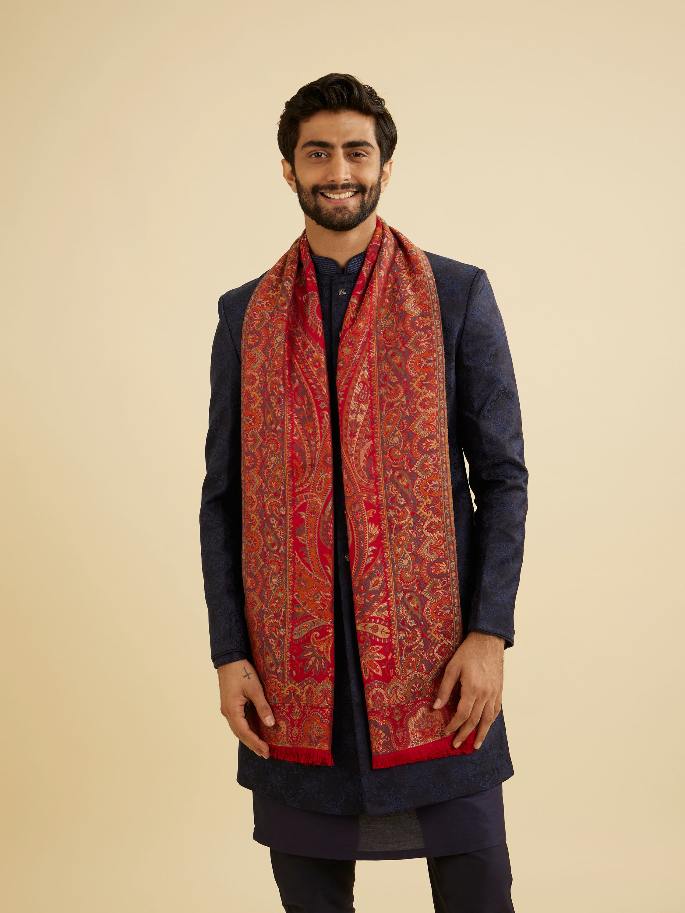 Manyavar Men Scarlet Red Paisley Patterned Shawl with Floral Buta Motifs