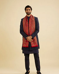 Manyavar Men Scarlet Red Paisley Patterned Shawl with Floral Buta Motifs